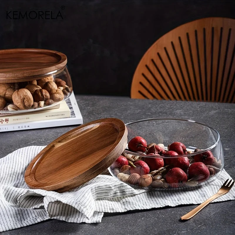 Large Clear Glass Bowl with Walnut Wood Lid