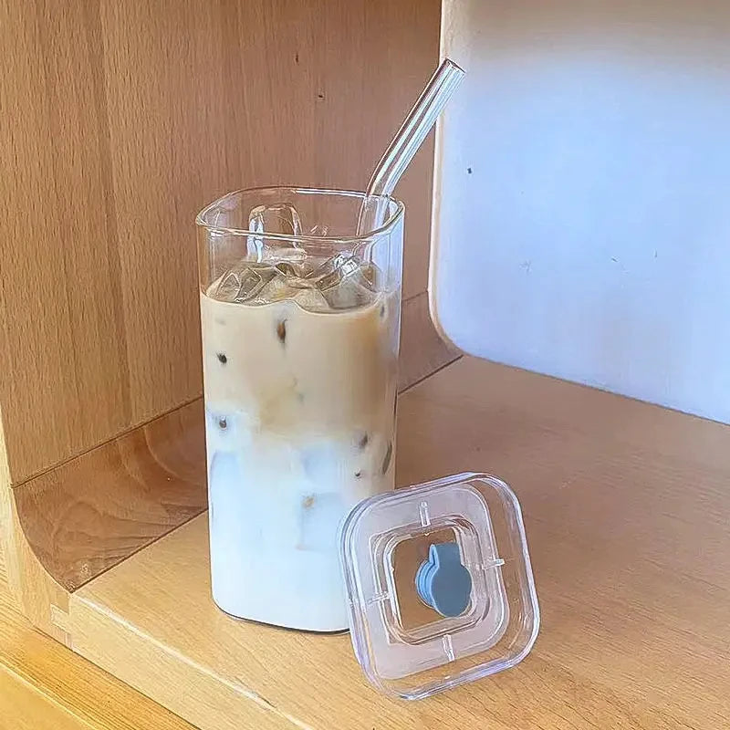 Square Glass Cups with Lids & Straws (6pcs)