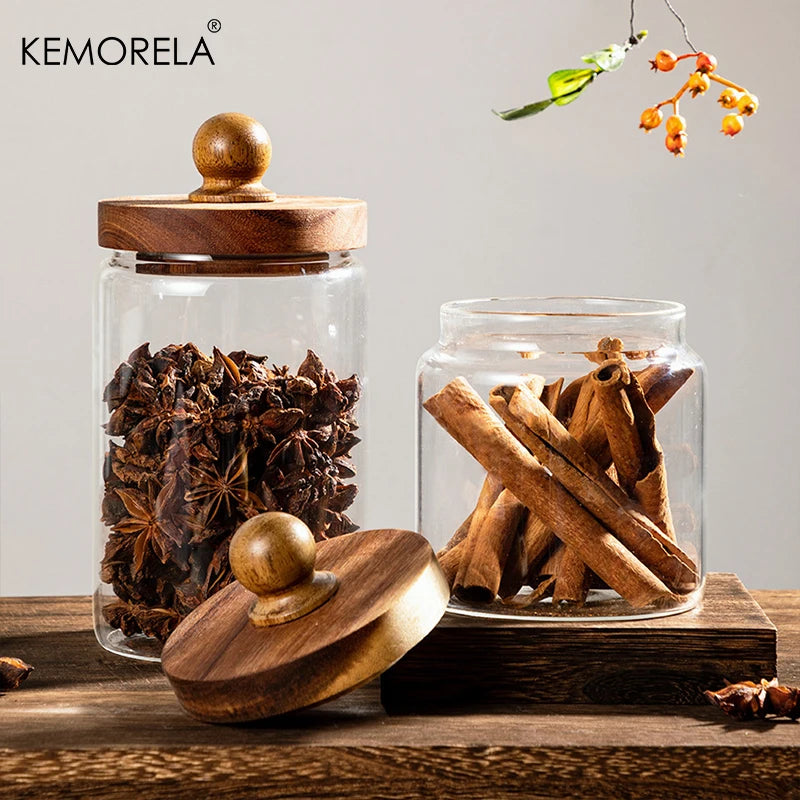 Glass Pantry Jar with Acacia Wood Ball Lid (3 Sizes)