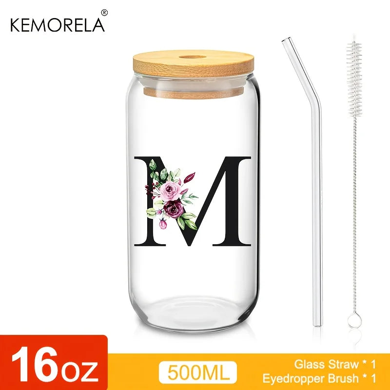 Personalized Initial Letter Glass Can Cup with Bamboo Lid & Straw (500ml)