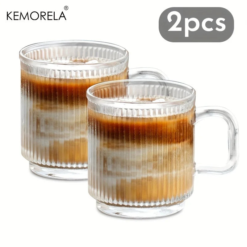 Vertical Ribbed Glass Coffee Mug with Square Handle (350/450ml)