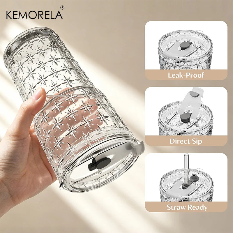 Star-Textured Glass Cup with Lid & Straw (1-2pcs)