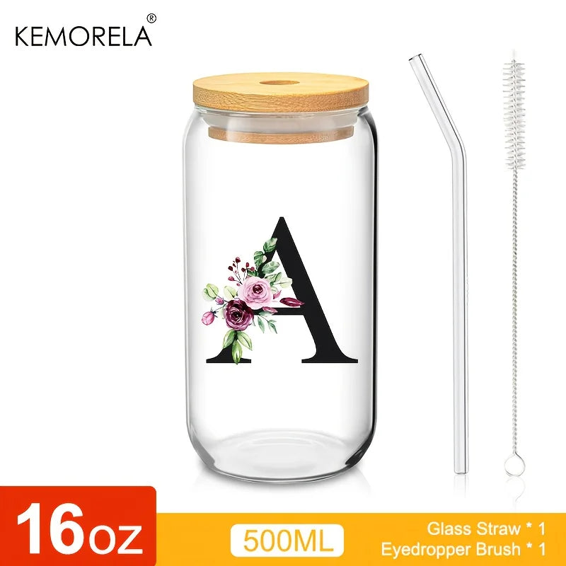 Personalized Initial Letter Glass Can Cup with Bamboo Lid & Straw (500ml)