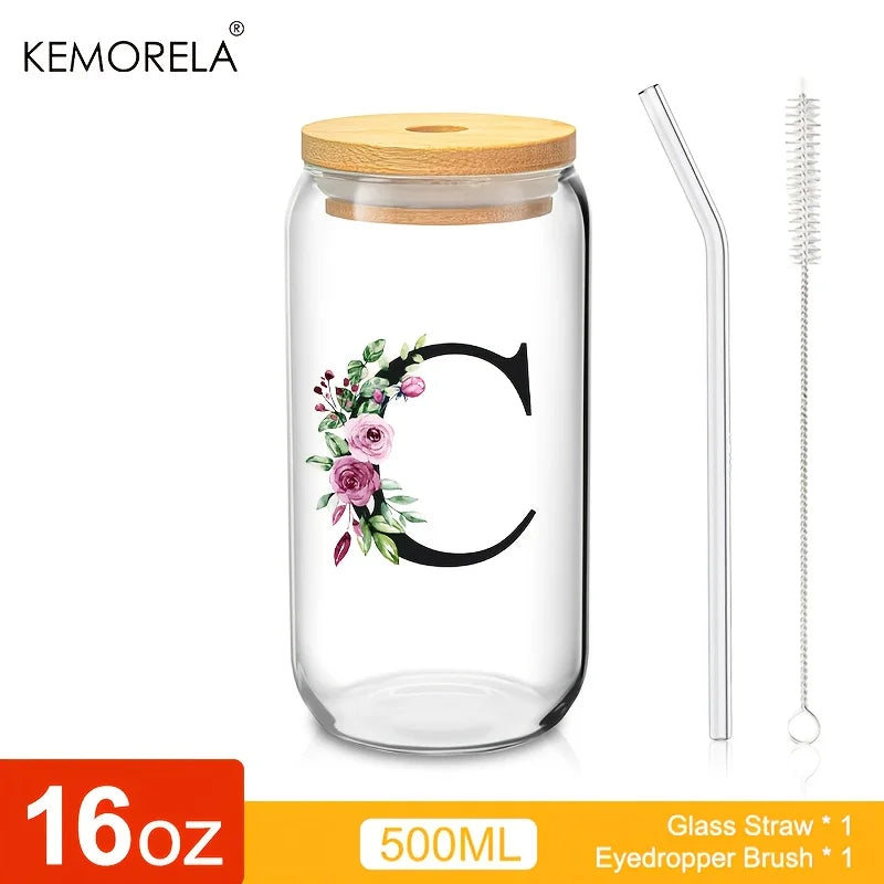 Personalized Initial Letter Glass Can Cup with Bamboo Lid & Straw (500ml)