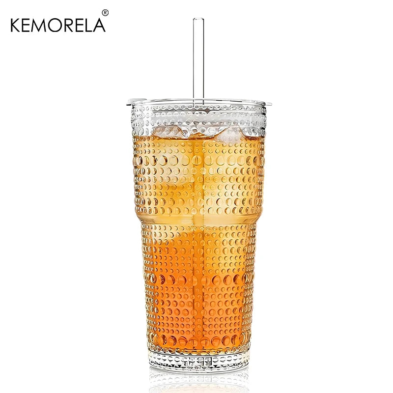 Hobnail Glass Cup with Lid & Straw 600ml (1-2pcs)