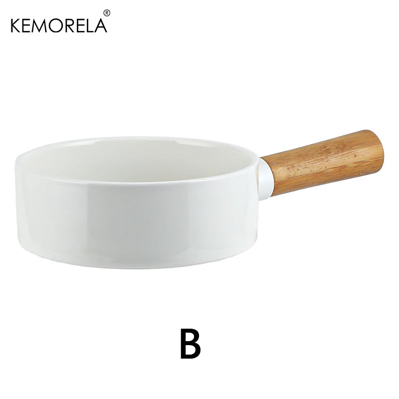 Matte White Ceramic Sauce Pan with Bamboo Handle (14/16cm)
