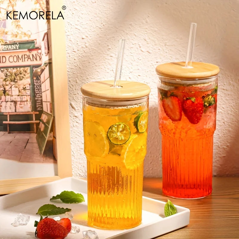 Dual-Texture Ribbed Glass Cup with Bamboo Lid & Straw