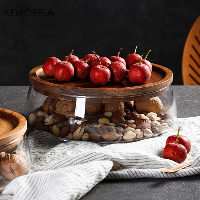 Large Clear Glass Bowl with Walnut Wood Lid