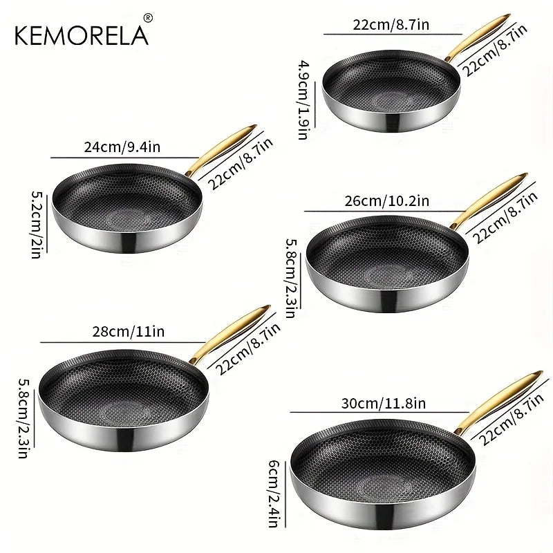 316 Stainless Steel Honeycomb Non-Stick Frying Pan with Gold Handle