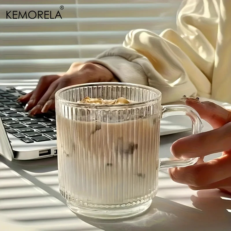 Vertical Ribbed Glass Coffee Mug with Square Handle (350/450ml)