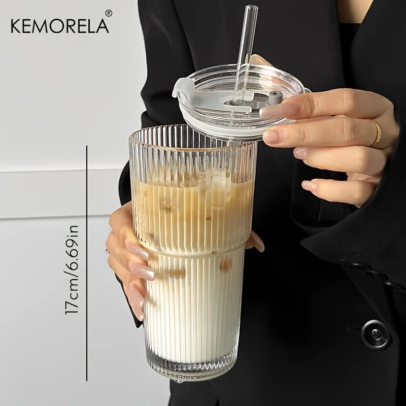 Large Ribbed Glass Cup with Lid & Straw