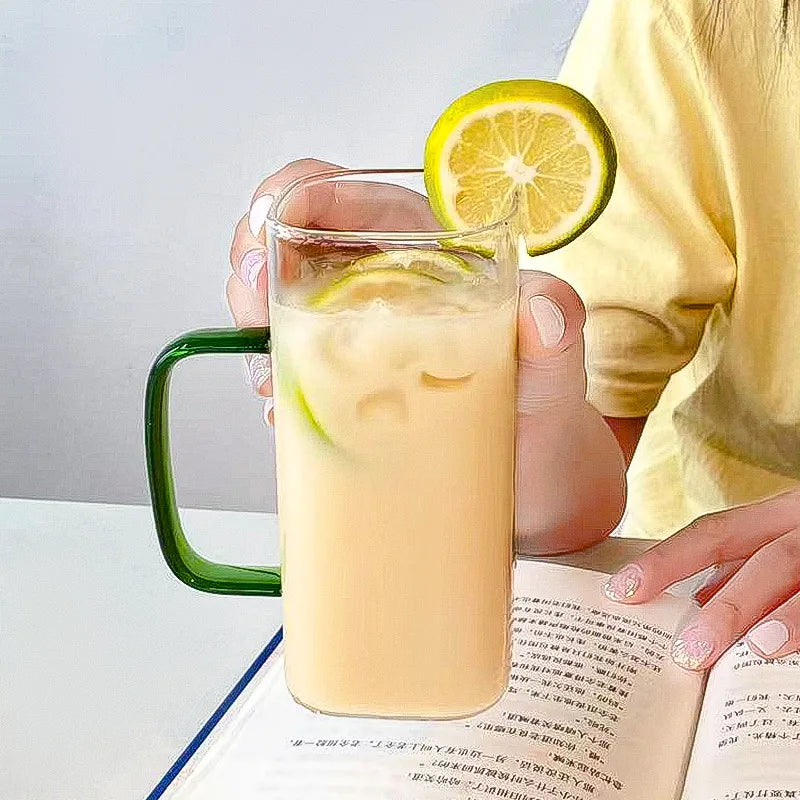 Square Glass Mug with Handle, Bamboo Lid & Straw (400ml)