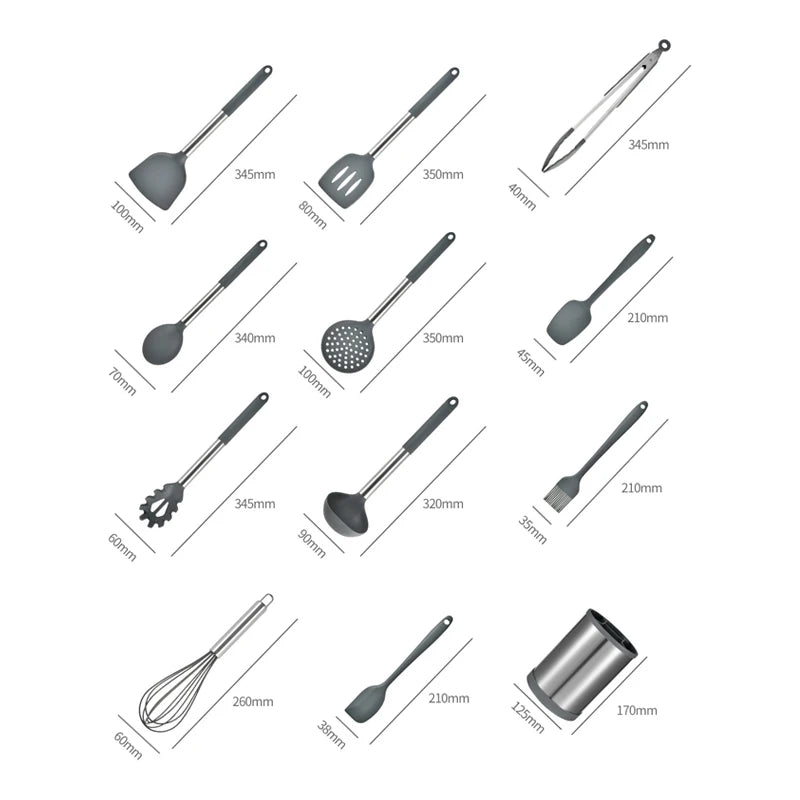 Silicone & Stainless Steel Kitchen Utensil Set with Rotating Holder (12-Piece)