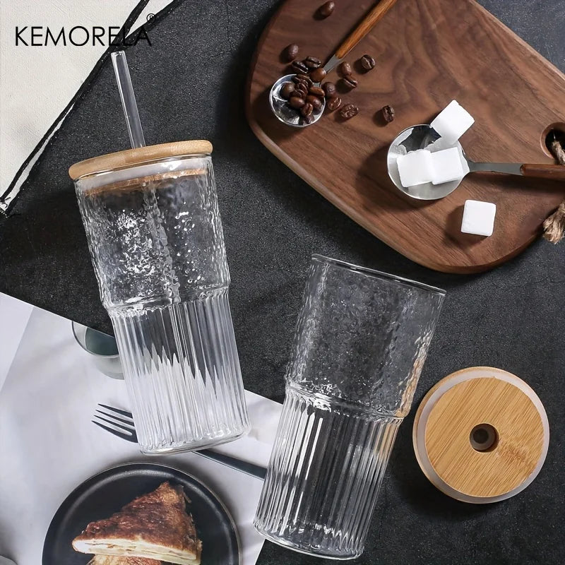 Dual-Texture Ribbed Glass Cup with Bamboo Lid & Straw