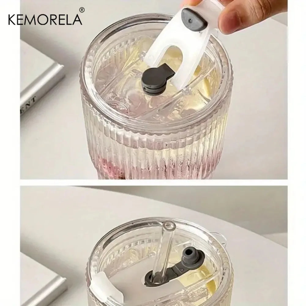 Tall Ribbed Glass Tumbler with Lid & Glass Straw (500/700ml)