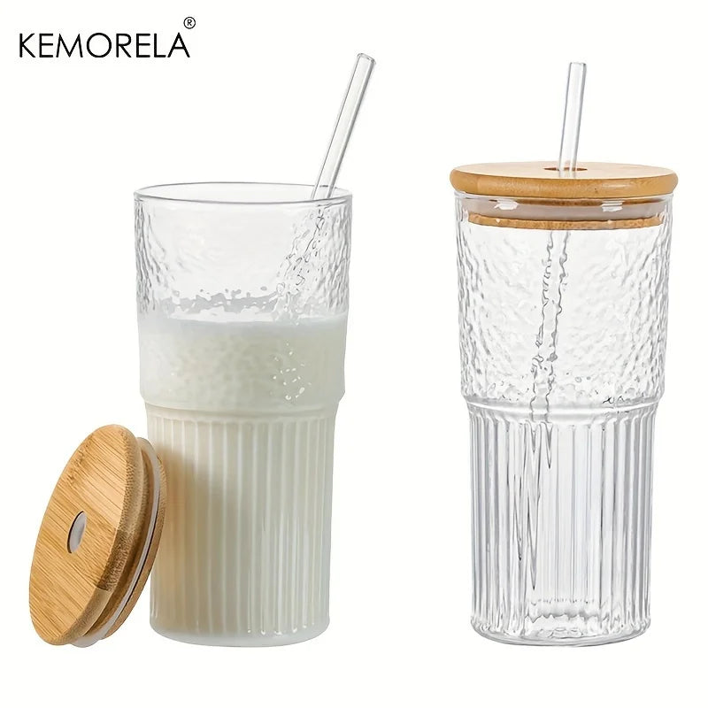 Dual-Texture Ribbed Glass Cup with Bamboo Lid & Straw