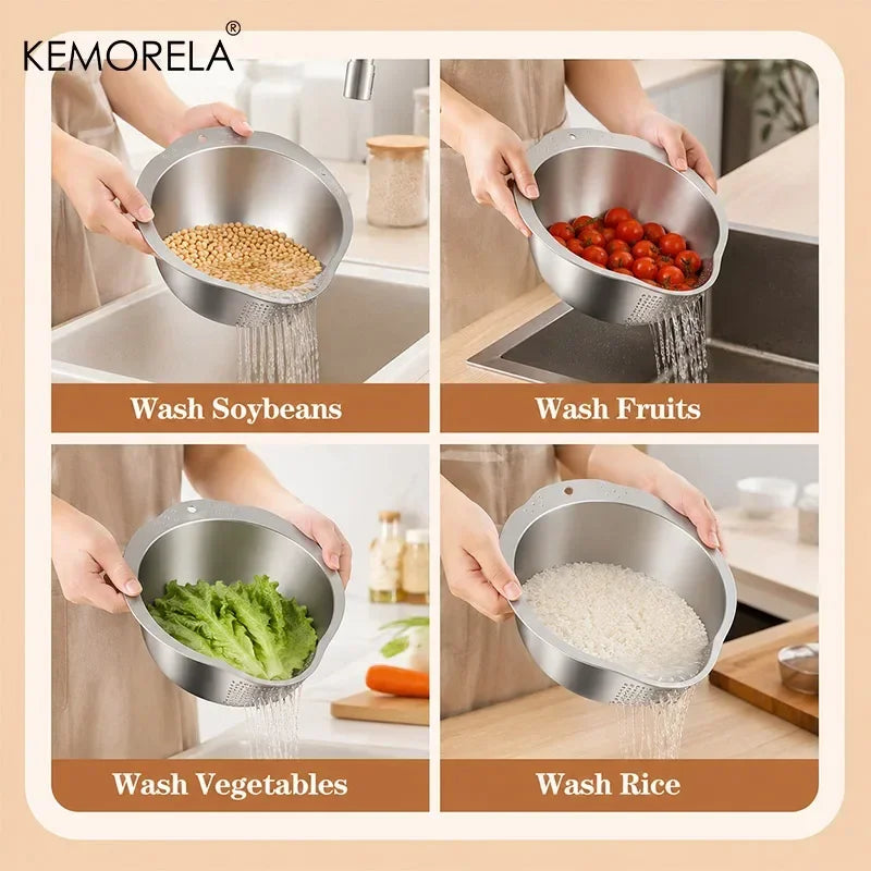 Stainless Steel Rice Washing Bowl with Side Drain Holes (24/26/28cm)