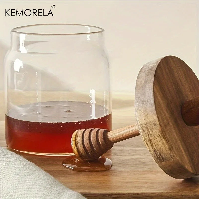 Glass Honey Jar with Acacia Wood Lid & Dipper