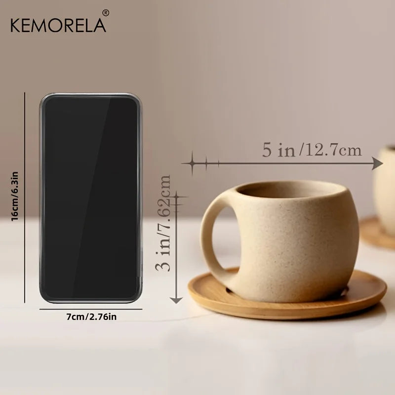 Handmade Stoneware Coffee Cup with Wooden Saucer (200ml)