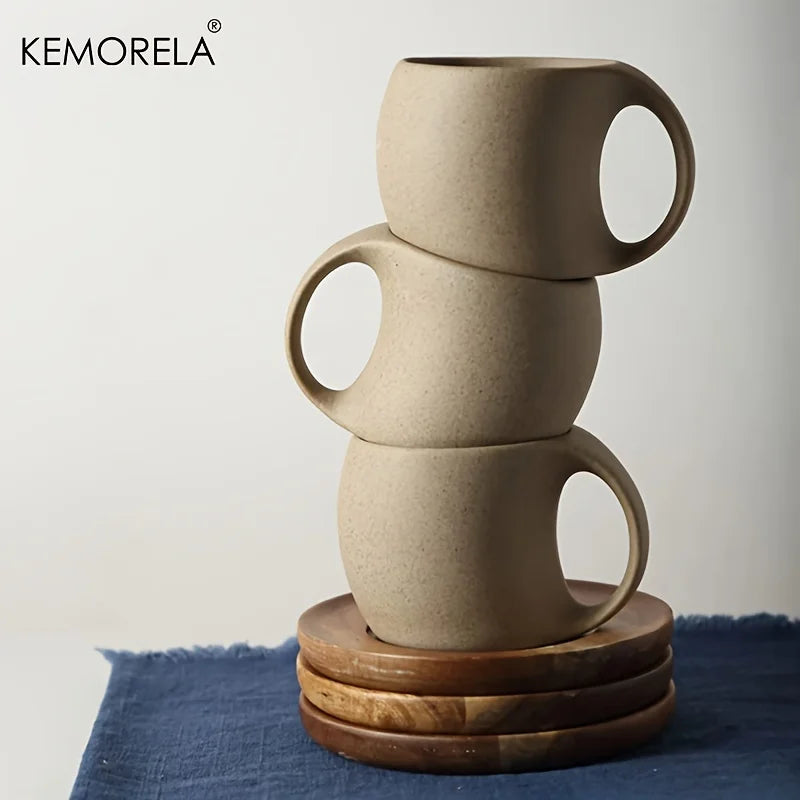 Handmade Stoneware Coffee Cup with Wooden Saucer (200ml)