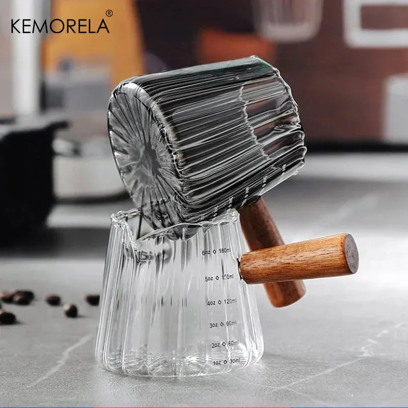 Ribbed Glass Espresso Cup with Wooden Handle & Scale (180ml)