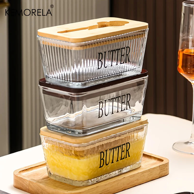 Ribbed Glass Butter Dish with Bamboo Lid