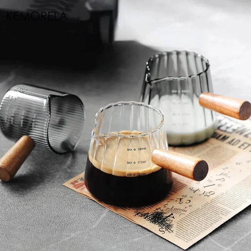Ribbed Glass Espresso Cup with Wooden Handle & Scale (180ml)