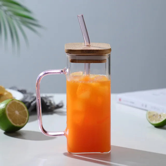 Square Glass Mug with Handle, Bamboo Lid & Straw (400ml)