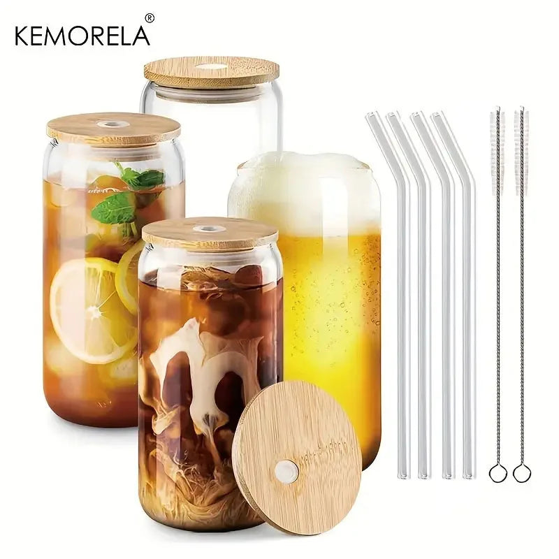 Glass Can-Style Tumbler with Bamboo Lid & Glass Straw (4pcs)