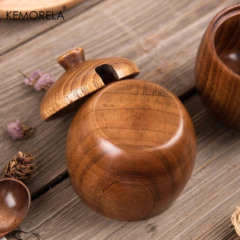 Round Solid Wood Spice Jar with Lid & Long Spoon (Set of 2)