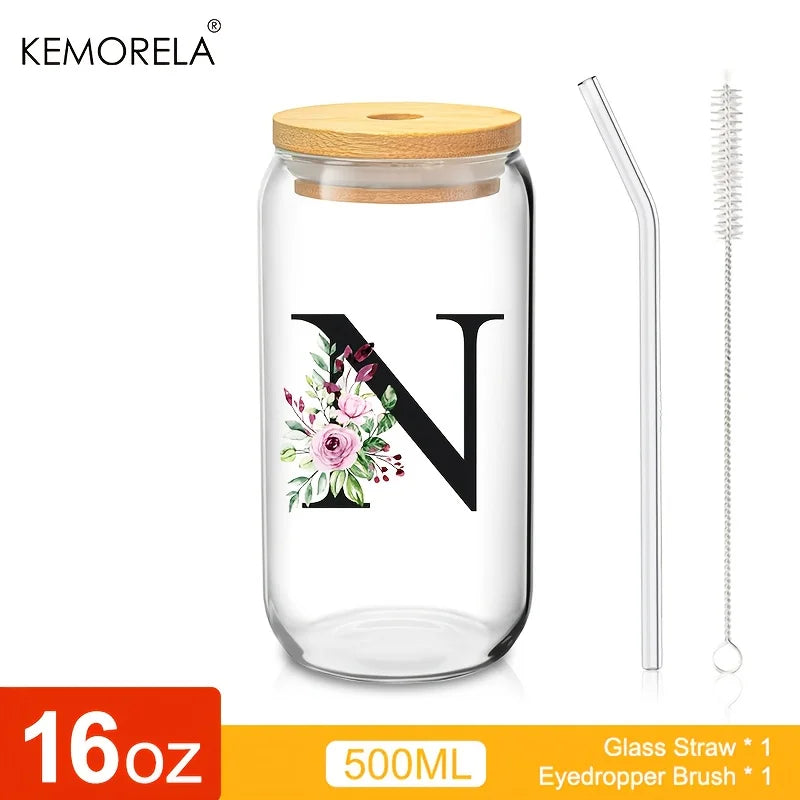 Personalized Initial Letter Glass Can Cup with Bamboo Lid & Straw (500ml)