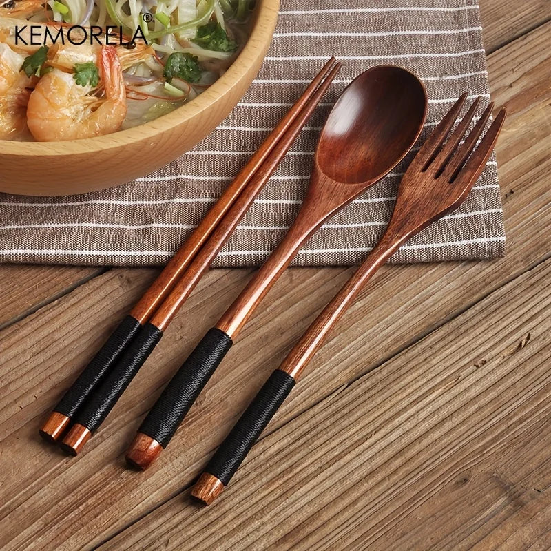 Solid Walnut Wood Cutlery Set — Chopsticks, Spoon & Fork with Rope-Wrap Handle (3-Piece)