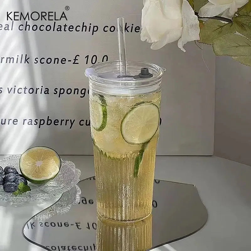 Tall Ribbed Glass Tumbler with Flip Lid & Glass Straw (650ml)