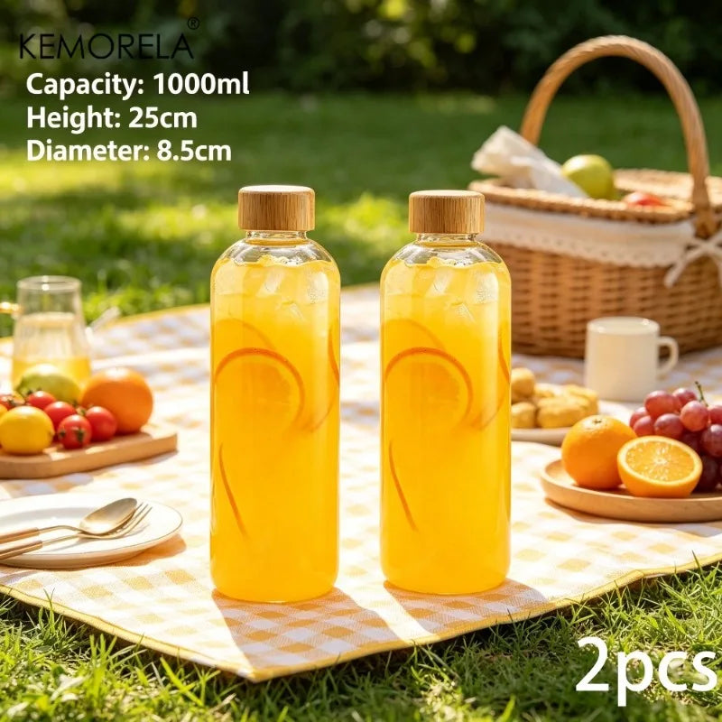 Glass Water Bottle with Bamboo Cap (2 & 4pcs)