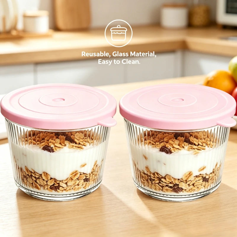Ribbed Glass Overnight Oats Jar with Lid (2pcs)