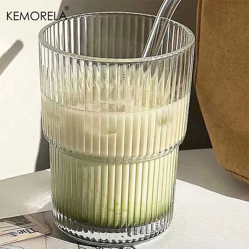Ribbed Glass Cup with Lid & Glass Straw