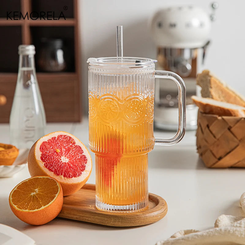 Ribbed Glass Tumbler with Handle, Lid & Glass Straw (600ml)