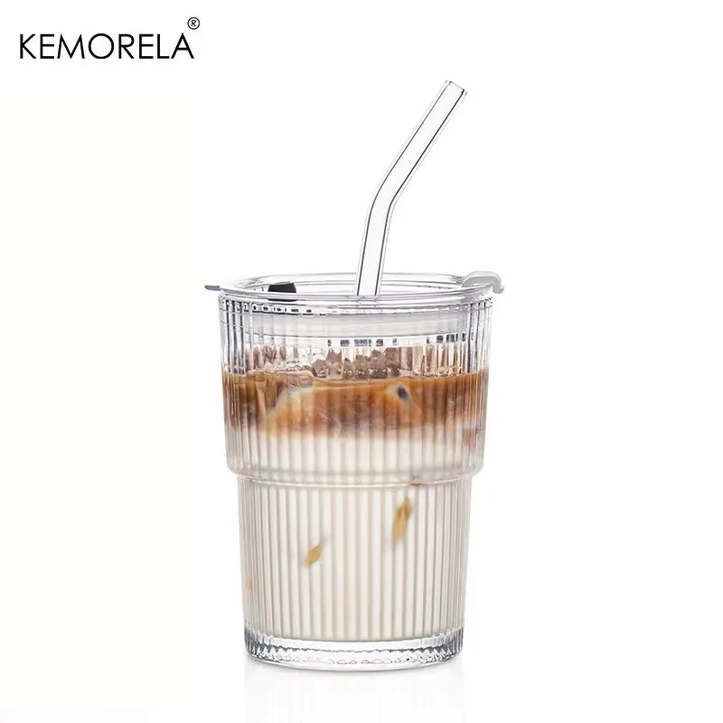 Ribbed Glass Cup with Lid & Glass Straw
