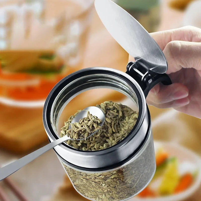 Glass Condiment Jar with Flip Lid & Spoon