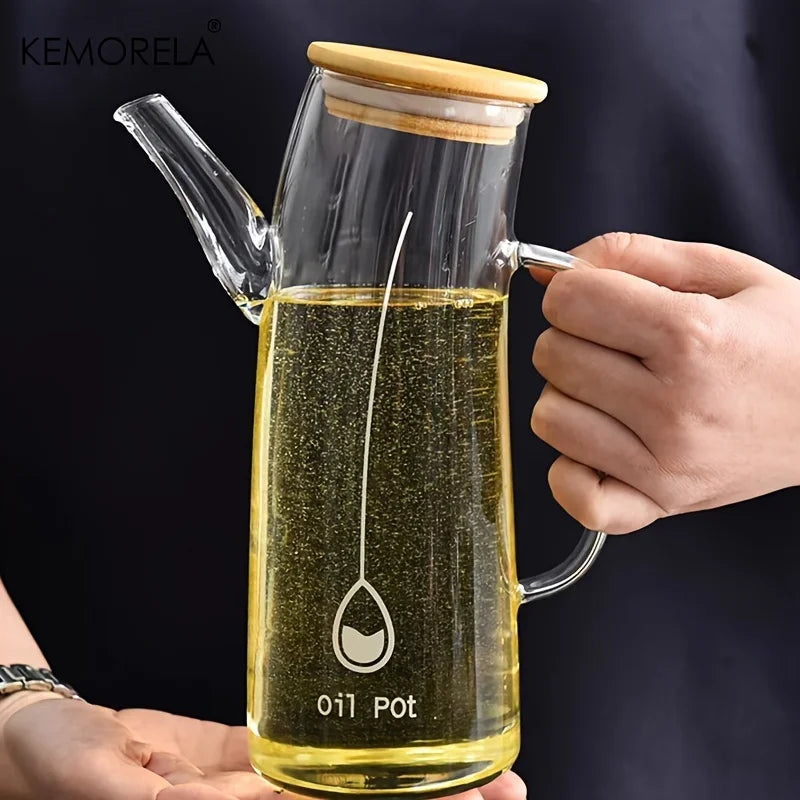 Glass Olive Oil Dispenser Bottle with Bamboo Lid & Handle