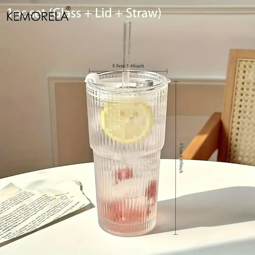 Tall Ribbed Glass Tumbler with Lid & Glass Straw (500/700ml)