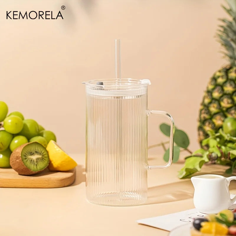 Ribbed Glass Mug with Lid & Straw