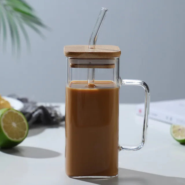 Square Glass Mug with Handle, Bamboo Lid & Straw (400ml)