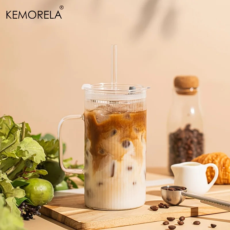 Ribbed Glass Mug with Lid & Straw