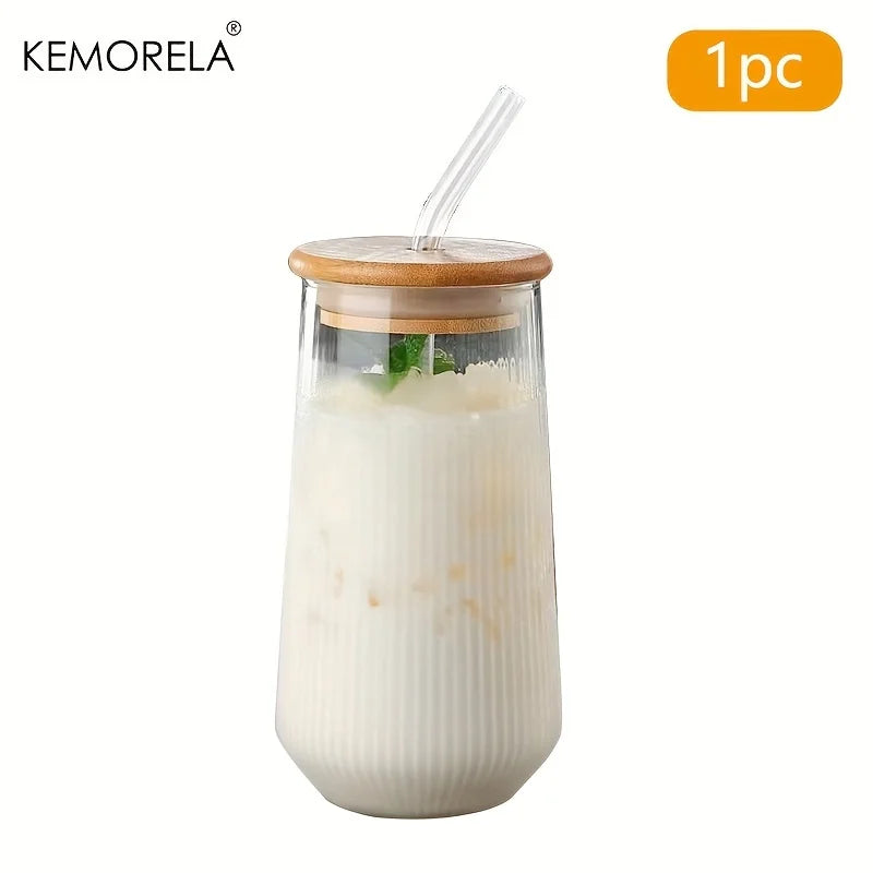 Ribbed Glass Cup with Bamboo Lid & Straw (Set of 2)