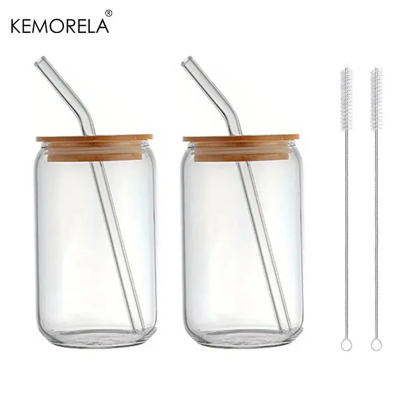 Glass Can-Style Tumbler with Bamboo Lid & Glass Straw (4pcs)
