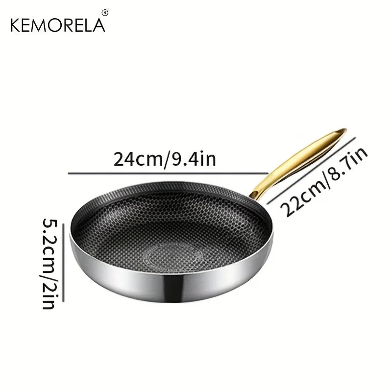316 Stainless Steel Honeycomb Non-Stick Frying Pan with Gold Handle