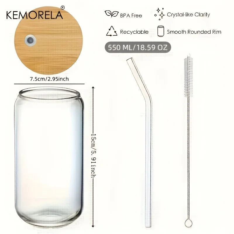 Glass Can-Style Tumbler with Bamboo Lid & Glass Straw (4pcs)