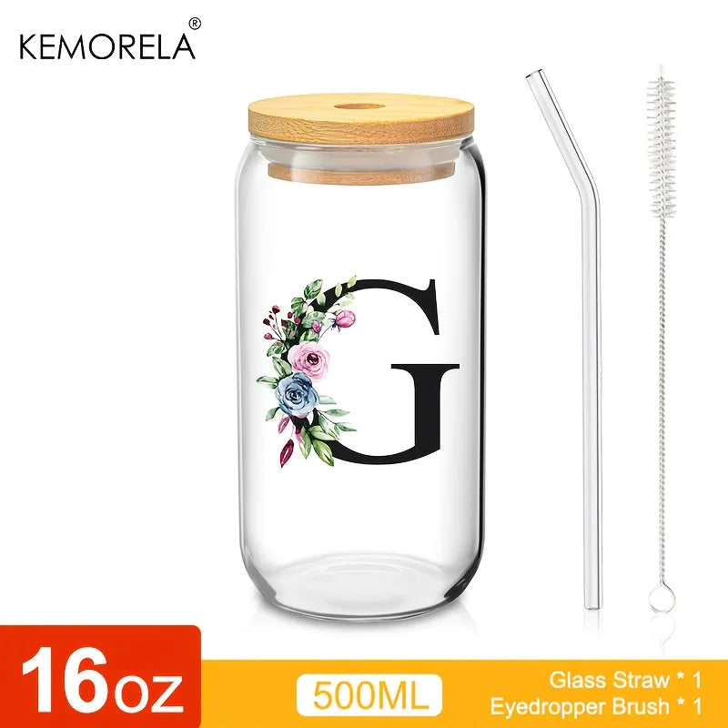 Personalized Initial Letter Glass Can Cup with Bamboo Lid & Straw (500ml)