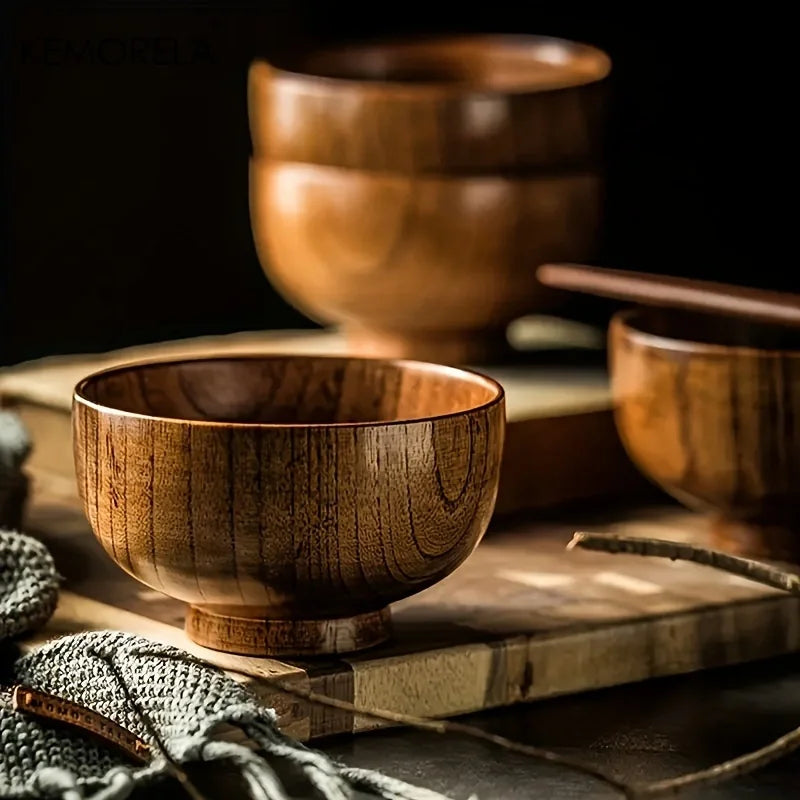 Natural Teak Wood Round Soup & Rice Bowl (2 Sizes, Set Options)